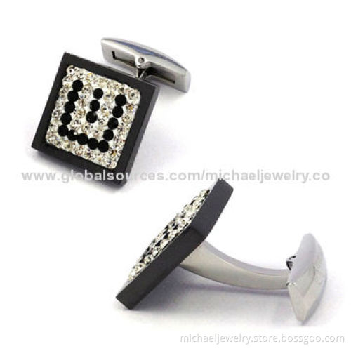 Stainless Steel Cufflinks with White and Black Crystal PP Stones
